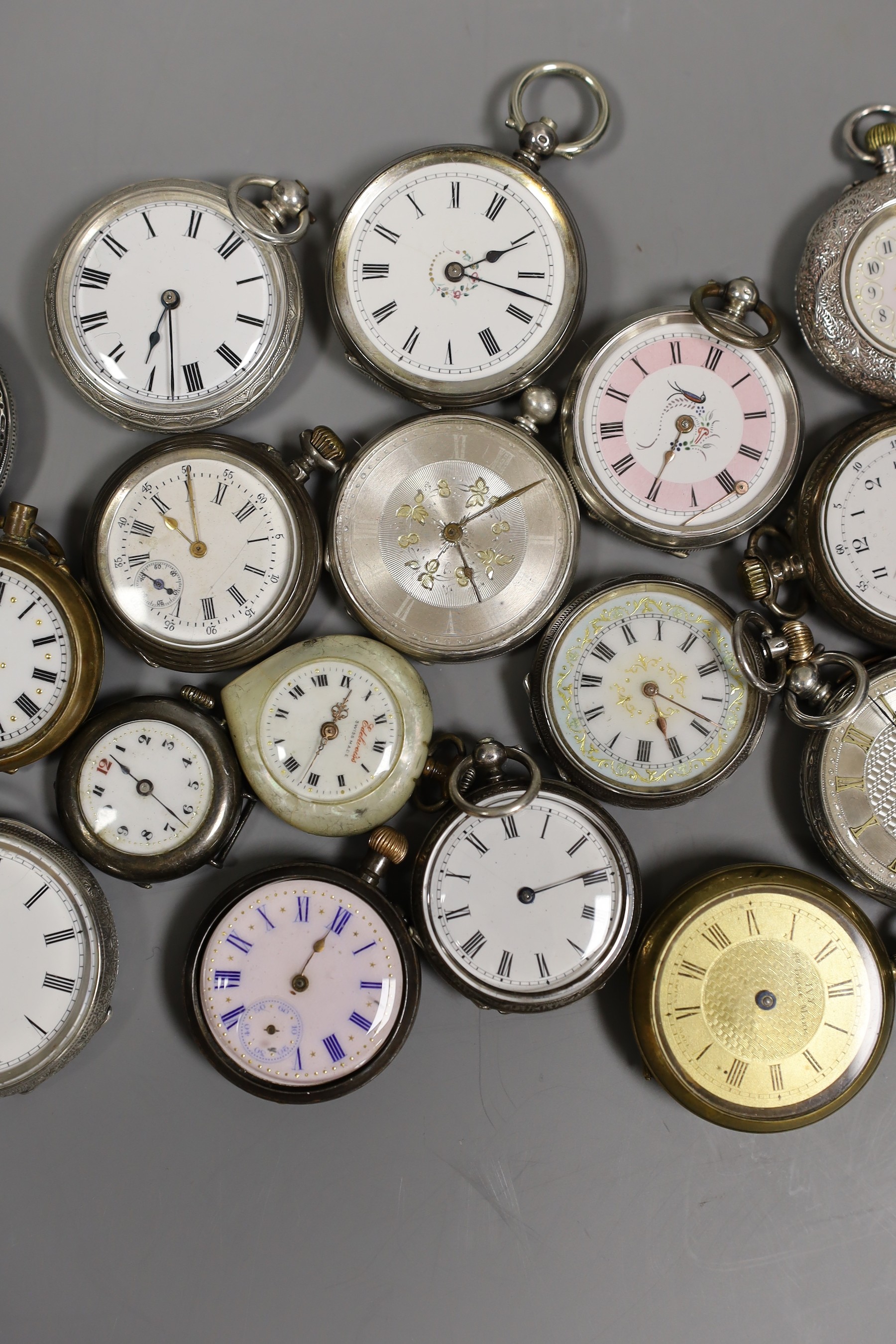 A collection of twenty five assorted mainly silver or white metal cased fob watches including Swiss, three gilt metal and one mother of pearl